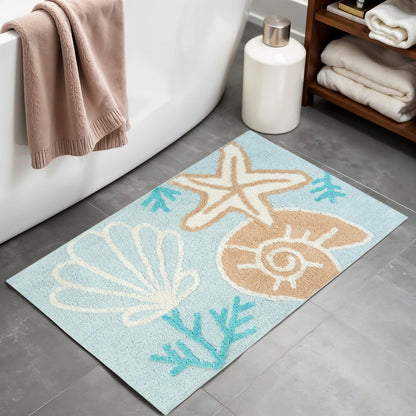32" Blue Tan And White Cotton Seashells And Coral Bath Rug-1