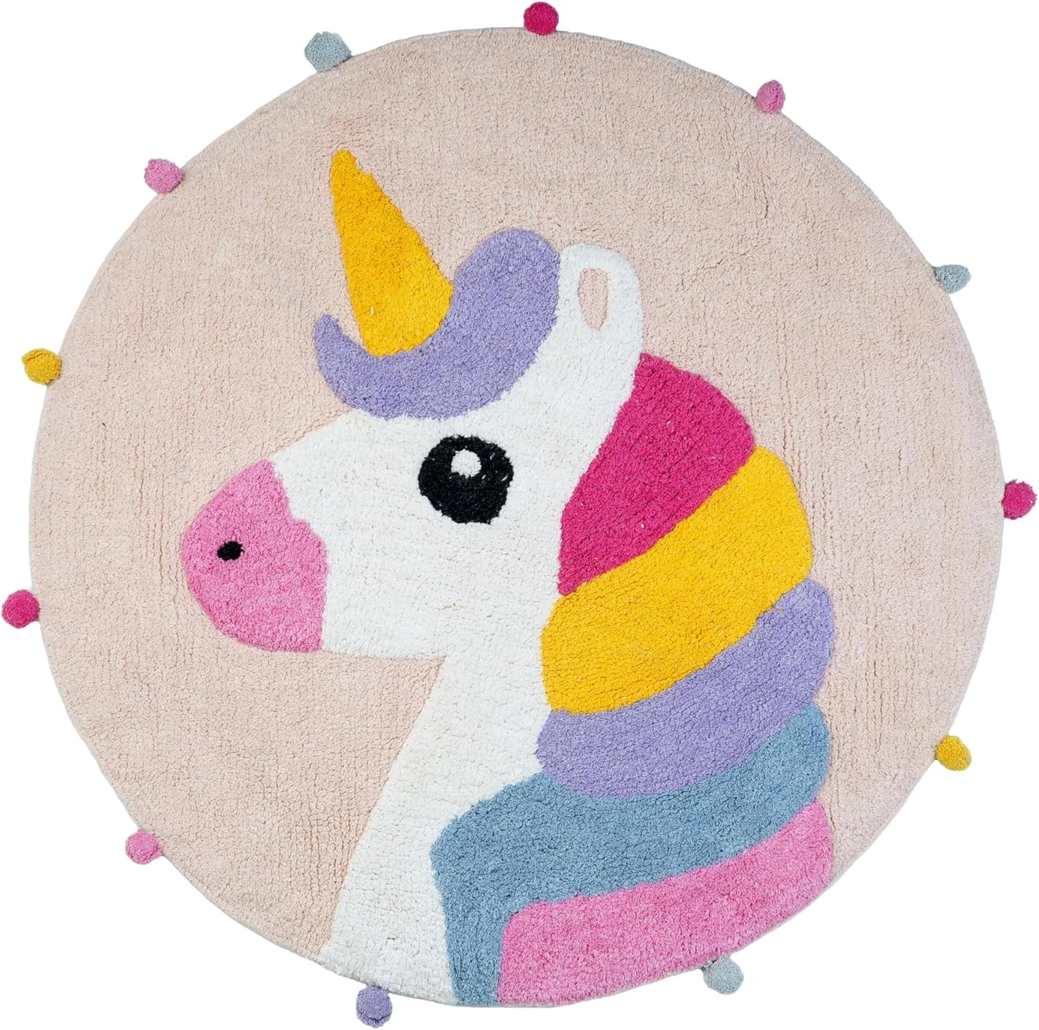 32" Pink And Yellow Cotton Unicorns Round Youthful Bath Rug-0