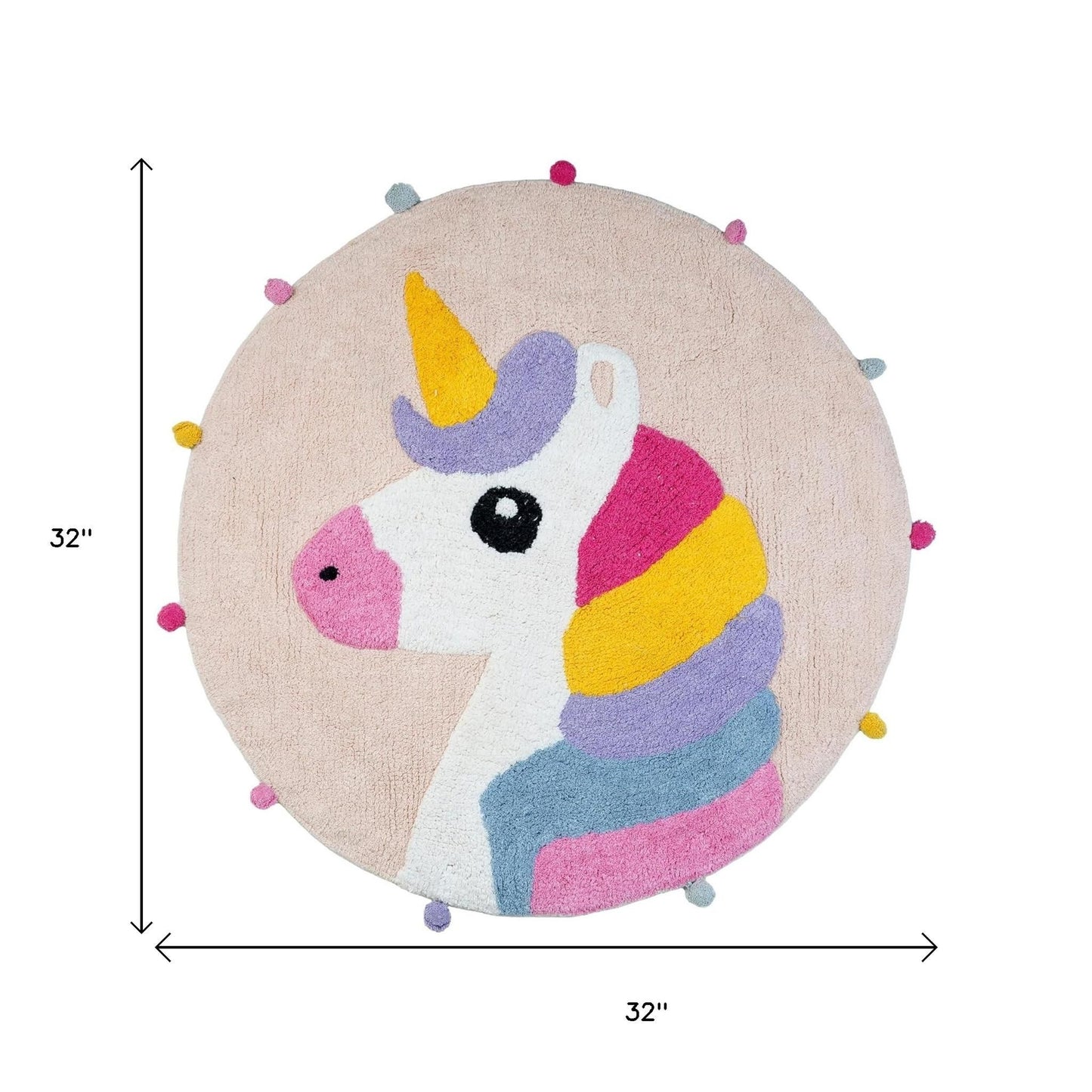 32" Pink And Yellow Cotton Unicorns Round Youthful Bath Rug-4