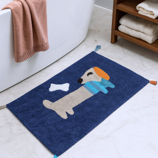 32" Blue Orange And White Cotton Dog Youthful Bath Rug-0
