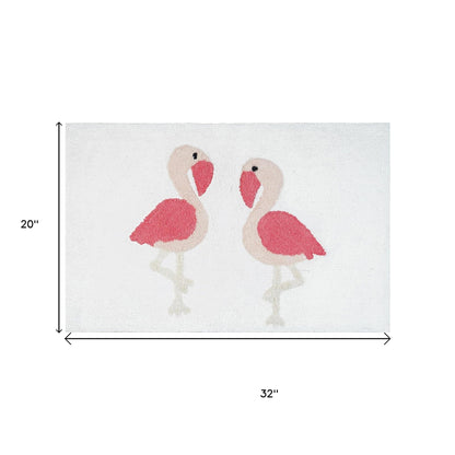 32" Pink And White Cotton Flamingo Bath Rug-5