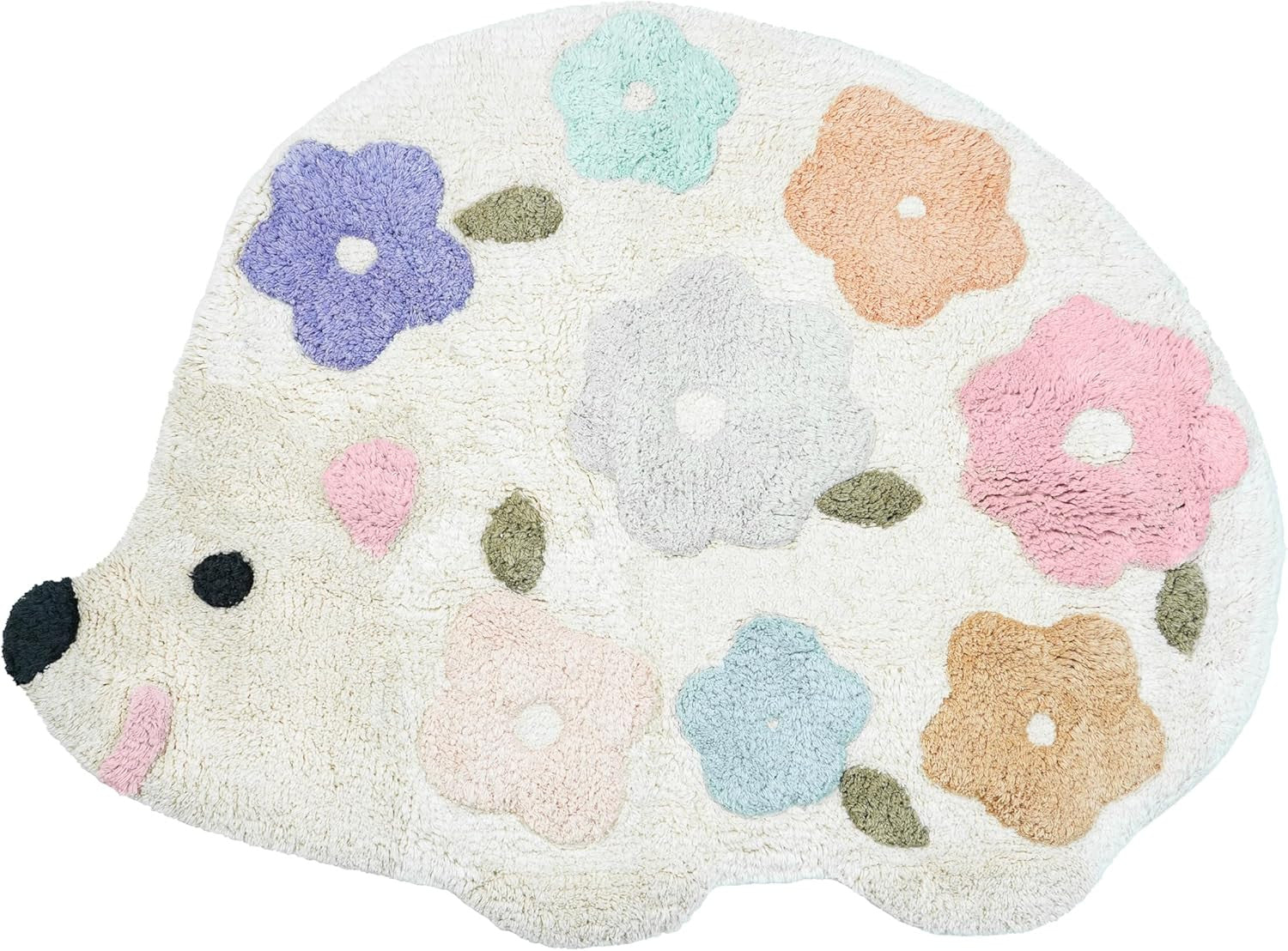 32" White Blue And Pink Cotton Hedgehog Floral Print Bath Rug-0
