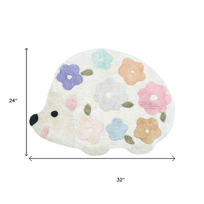 32" White Blue And Pink Cotton Hedgehog Floral Print Bath Rug-4