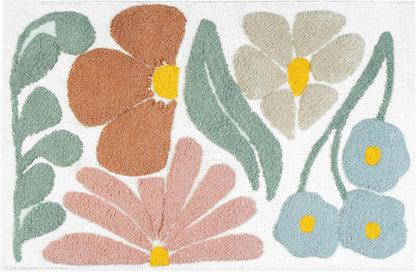 32" Light Blue Red And White Cotton Floral Bath Rug-1