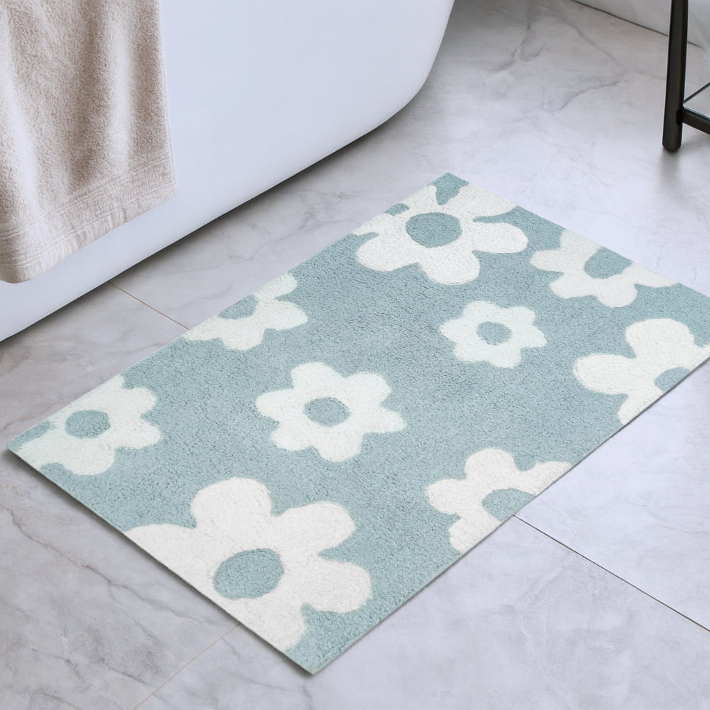 32" Blue And White Cotton Floral Bath Rug-1