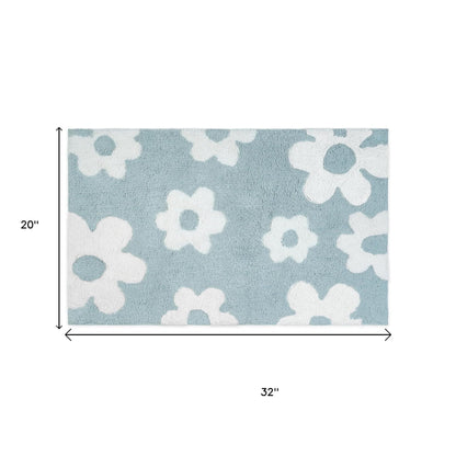 32" Blue And White Cotton Floral Bath Rug-5