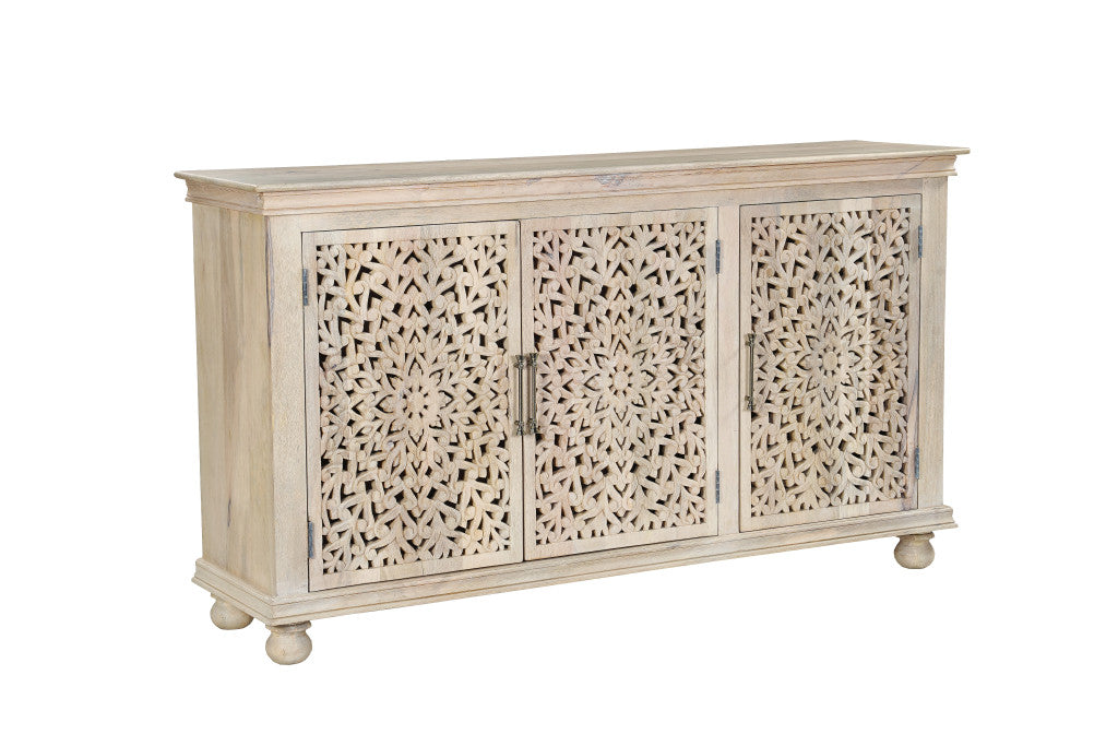 72" White Solid Wood Carved Floral Sideboard with Three Doors-0