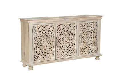 72" White Solid Wood Carved Floral Sideboard with Three Doors-0