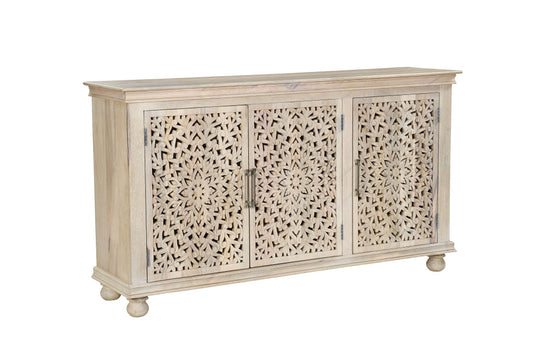 72" White Solid Wood Carved Floral Sideboard with Three Doors-0