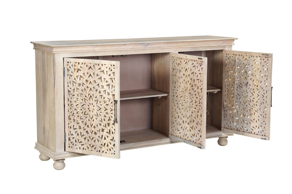 72" White Solid Wood Carved Floral Sideboard with Three Doors-1