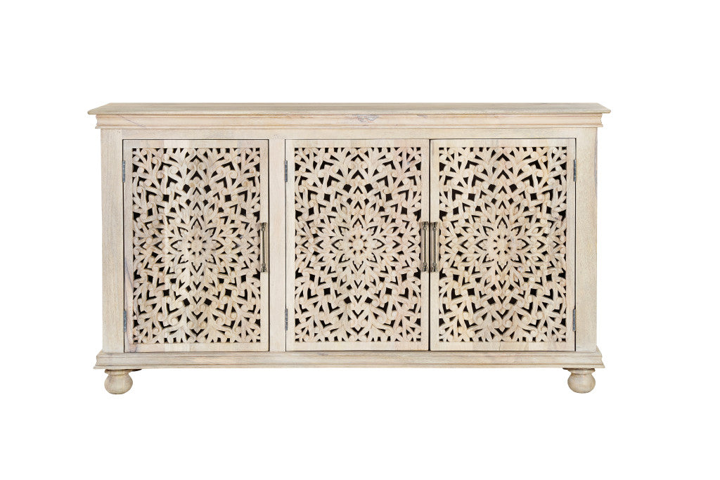 72" White Solid Wood Carved Floral Sideboard with Three Doors-2