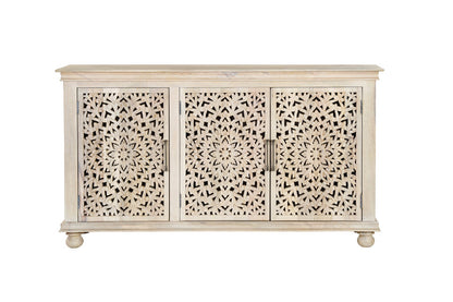 72" White Solid Wood Carved Floral Sideboard with Three Doors-2