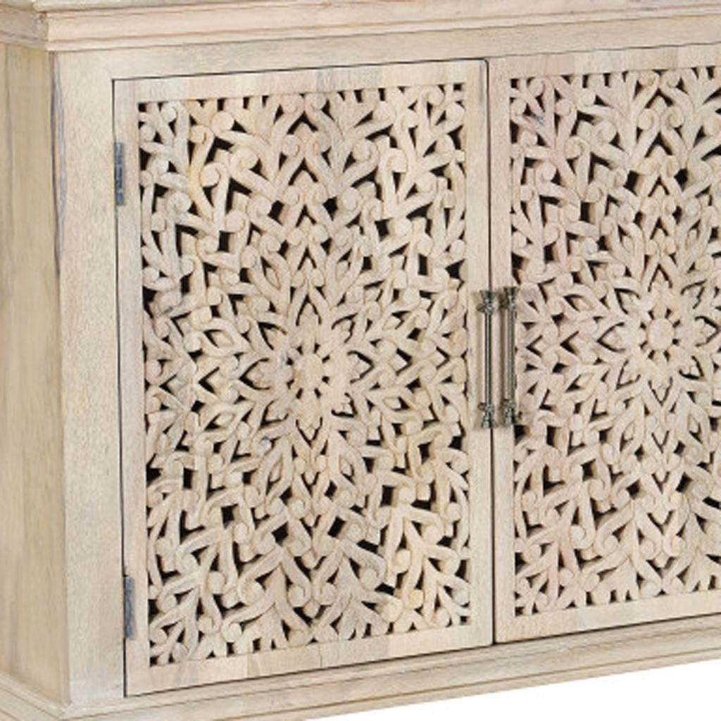72" White Solid Wood Carved Floral Sideboard with Three Doors-5