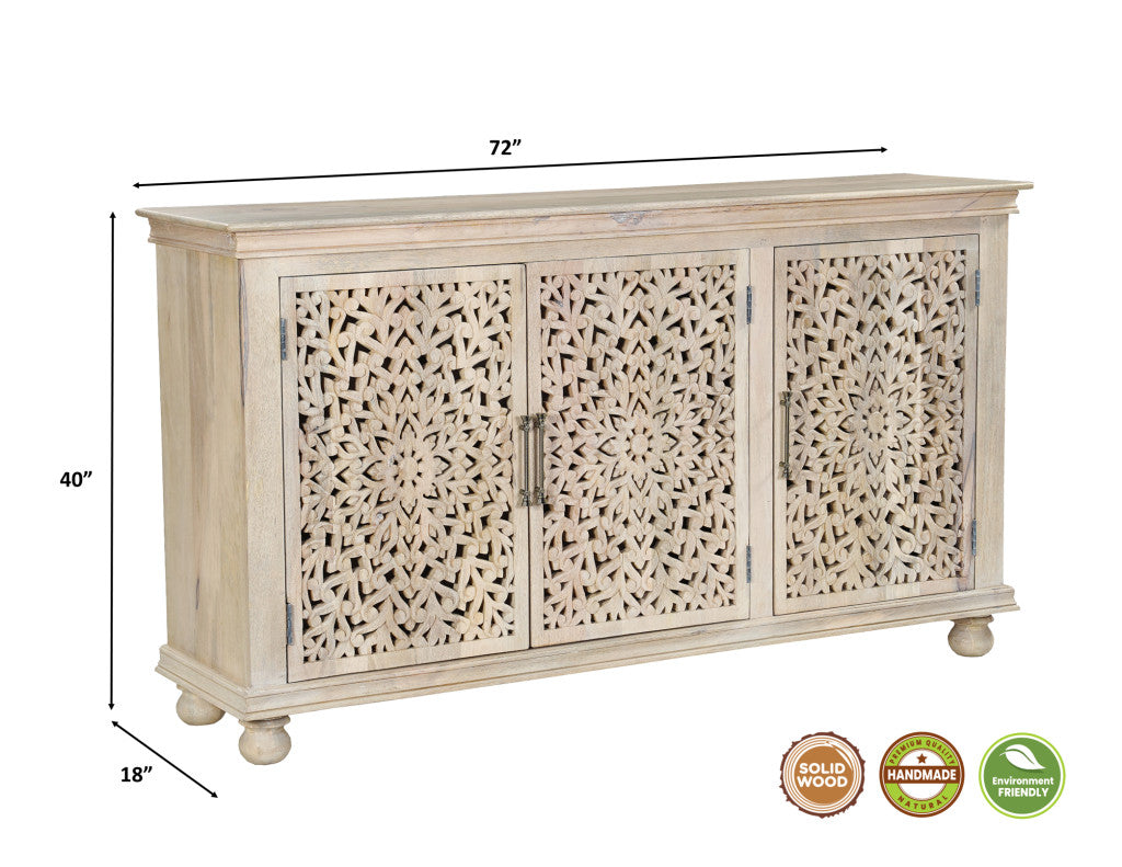 72" White Solid Wood Carved Floral Sideboard with Three Doors-8