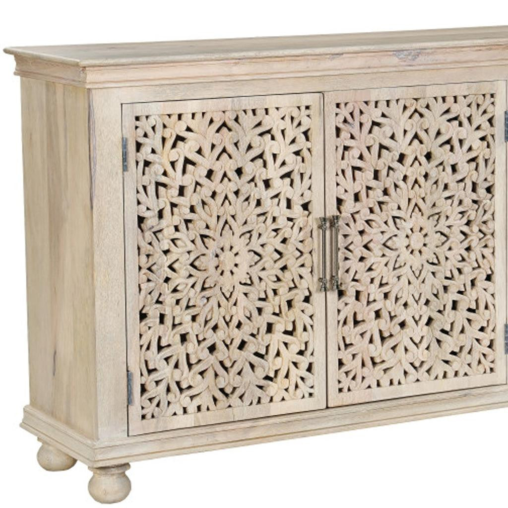 72" White Solid Wood Carved Floral Sideboard with Three Doors-6
