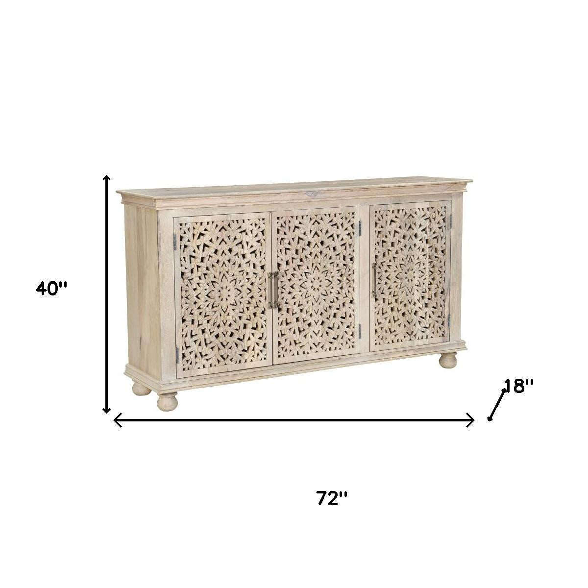 72" White Solid Wood Carved Floral Sideboard with Three Doors-7