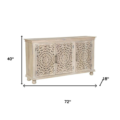 72" White Solid Wood Carved Floral Sideboard with Three Doors-7