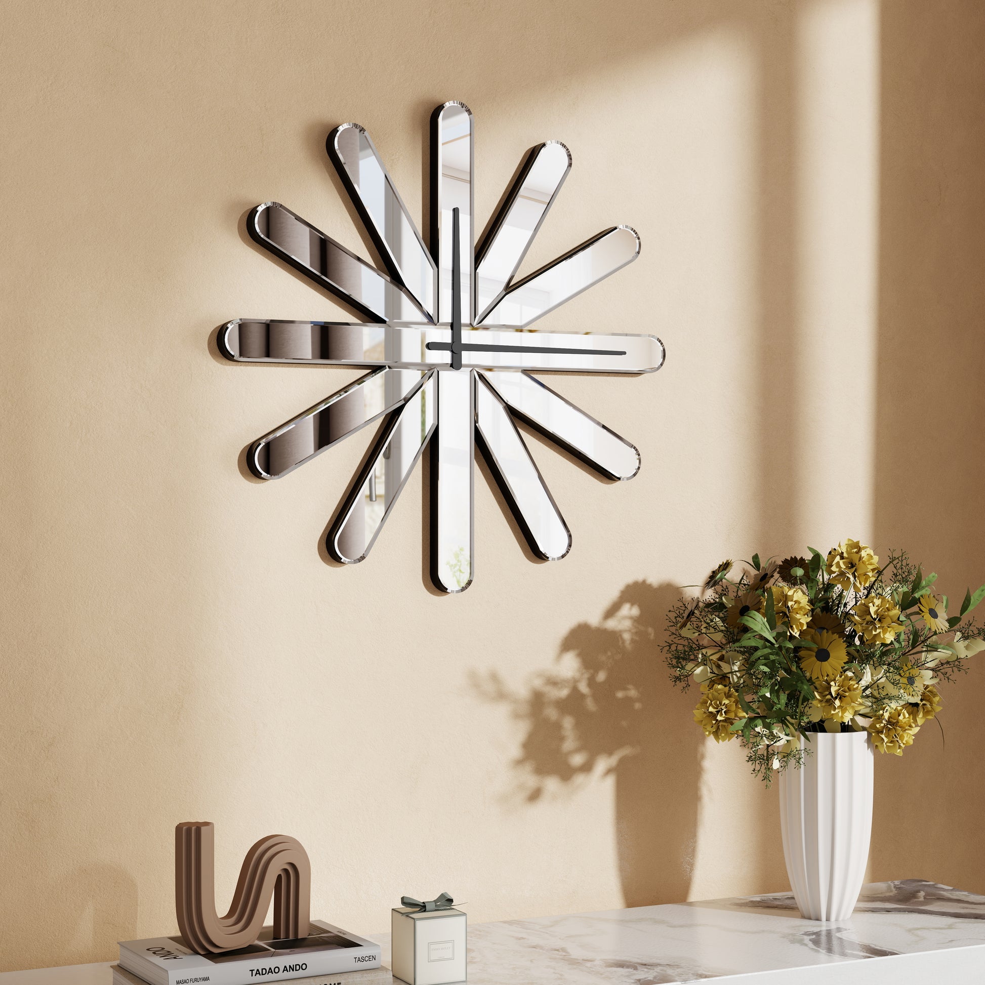 26" Silver Mirrored Glass Silent Analog Starburst Wall Clock-4