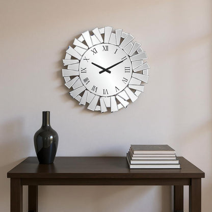 27" Silver Mirrored Glass Silent Analog Sunburst Wall Clock-1