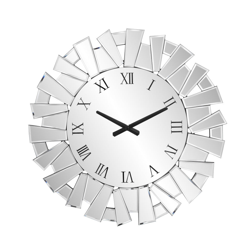 27" Silver Mirrored Glass Silent Analog Sunburst Wall Clock-0