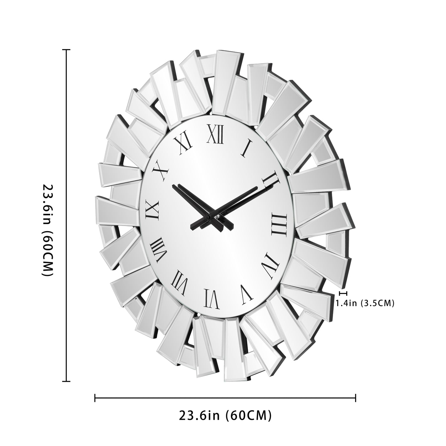 27" Silver Mirrored Glass Silent Analog Sunburst Wall Clock-6