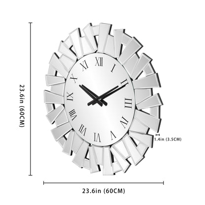 27" Silver Mirrored Glass Silent Analog Sunburst Wall Clock-6