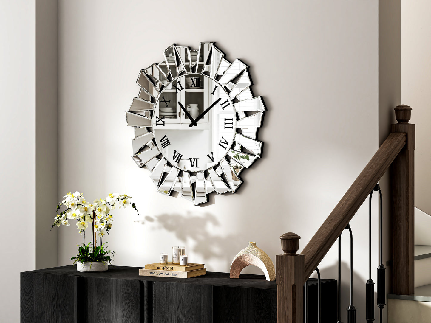 27" Silver Mirrored Glass Silent Analog Sunburst Wall Clock-4