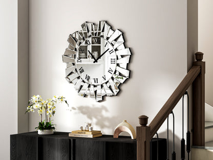 27" Silver Mirrored Glass Silent Analog Sunburst Wall Clock-4