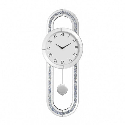 15" Silver Faux Crystal And Mirrored Glass Silent Analog Oval Wall Clock-0