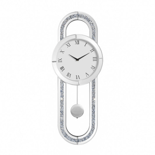 15" Silver Faux Crystal And Mirrored Glass Silent Analog Oval Wall Clock-0