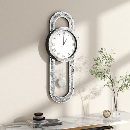 15" Silver Faux Crystal And Mirrored Glass Silent Analog Oval Wall Clock-4