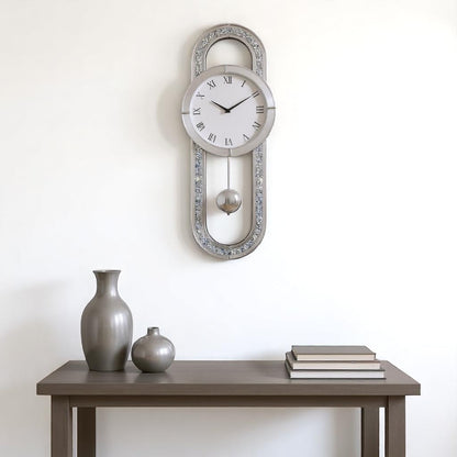 15" Silver Faux Crystal And Mirrored Glass Silent Analog Oval Wall Clock-1