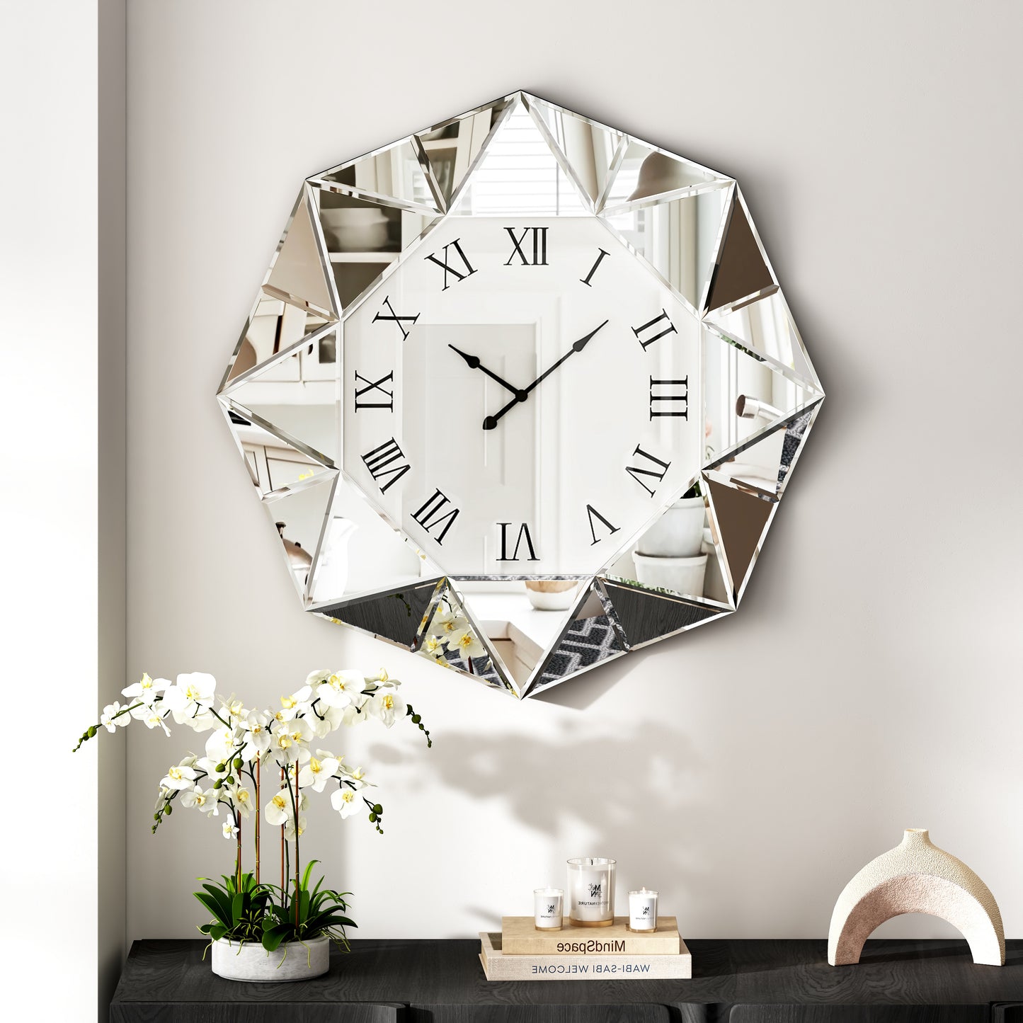 26" Silver Mirrored Glass Silent Analog Geometric Wall Clock-5