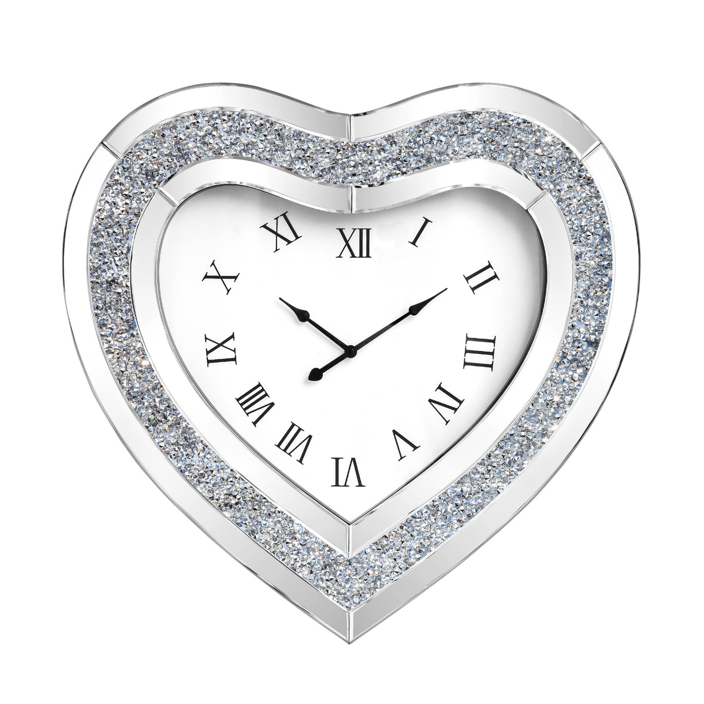 27" Silver Faux Crystal And Mirrored Glass Silent Analog Heart Wall Clock-0