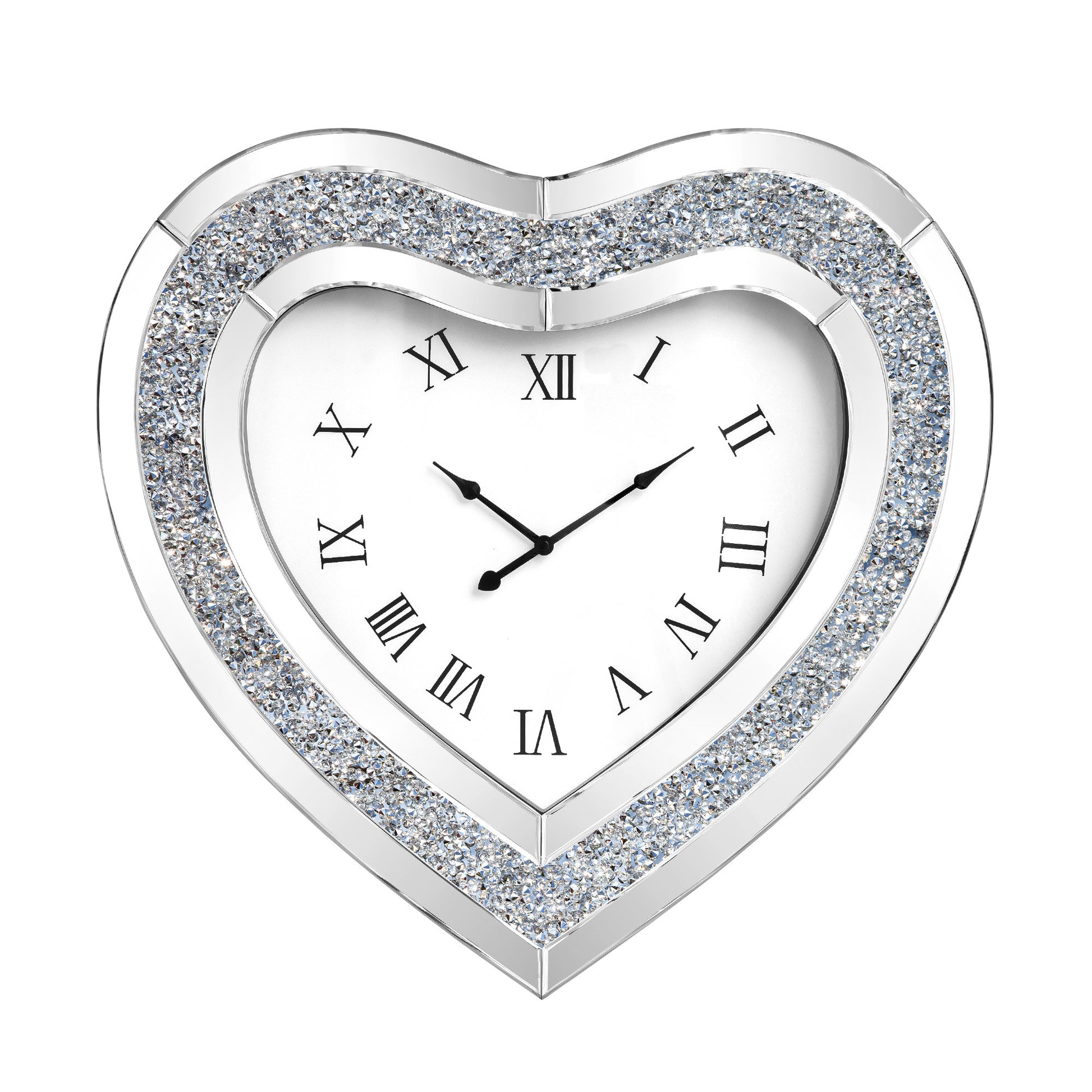 27" Silver Faux Crystal And Mirrored Glass Silent Analog Heart Wall Clock-0