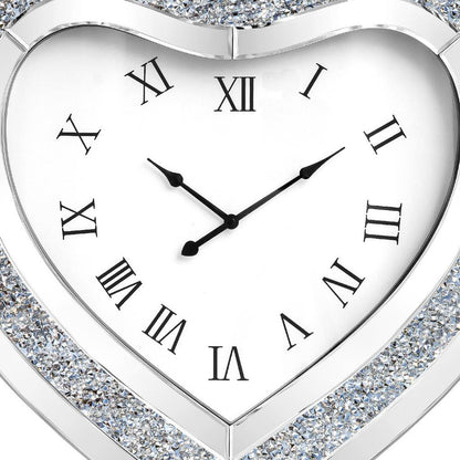 27" Silver Faux Crystal And Mirrored Glass Silent Analog Heart Wall Clock-2