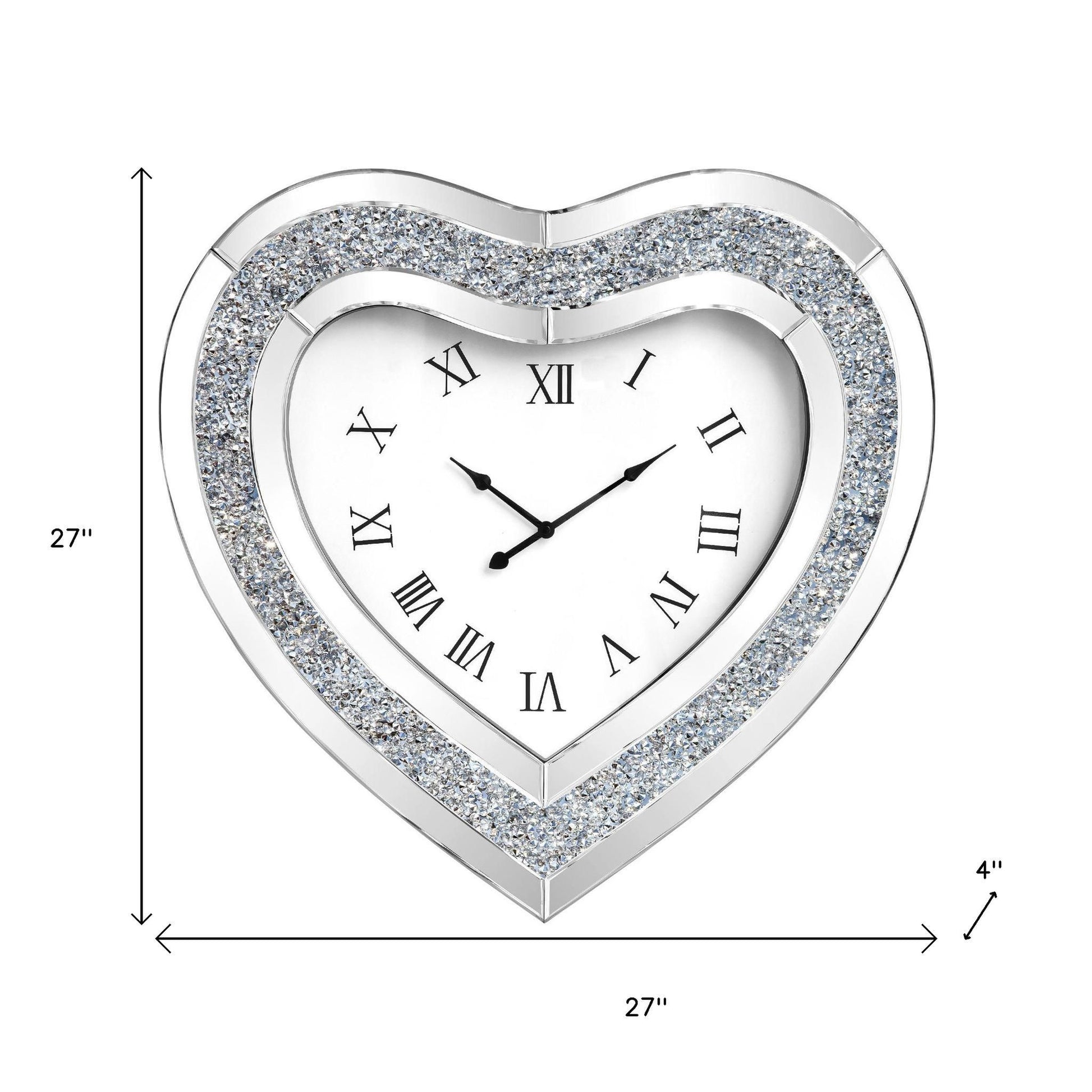 27" Silver Faux Crystal And Mirrored Glass Silent Analog Heart Wall Clock-7