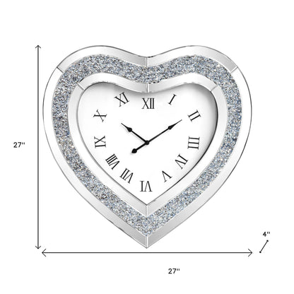 27" Silver Faux Crystal And Mirrored Glass Silent Analog Heart Wall Clock-7