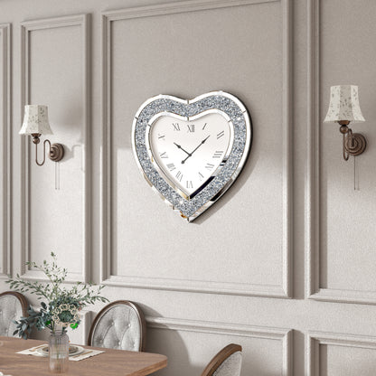 27" Silver Faux Crystal And Mirrored Glass Silent Analog Heart Wall Clock-4