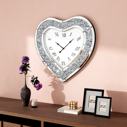 27" Silver Faux Crystal And Mirrored Glass Silent Analog Heart Wall Clock-5