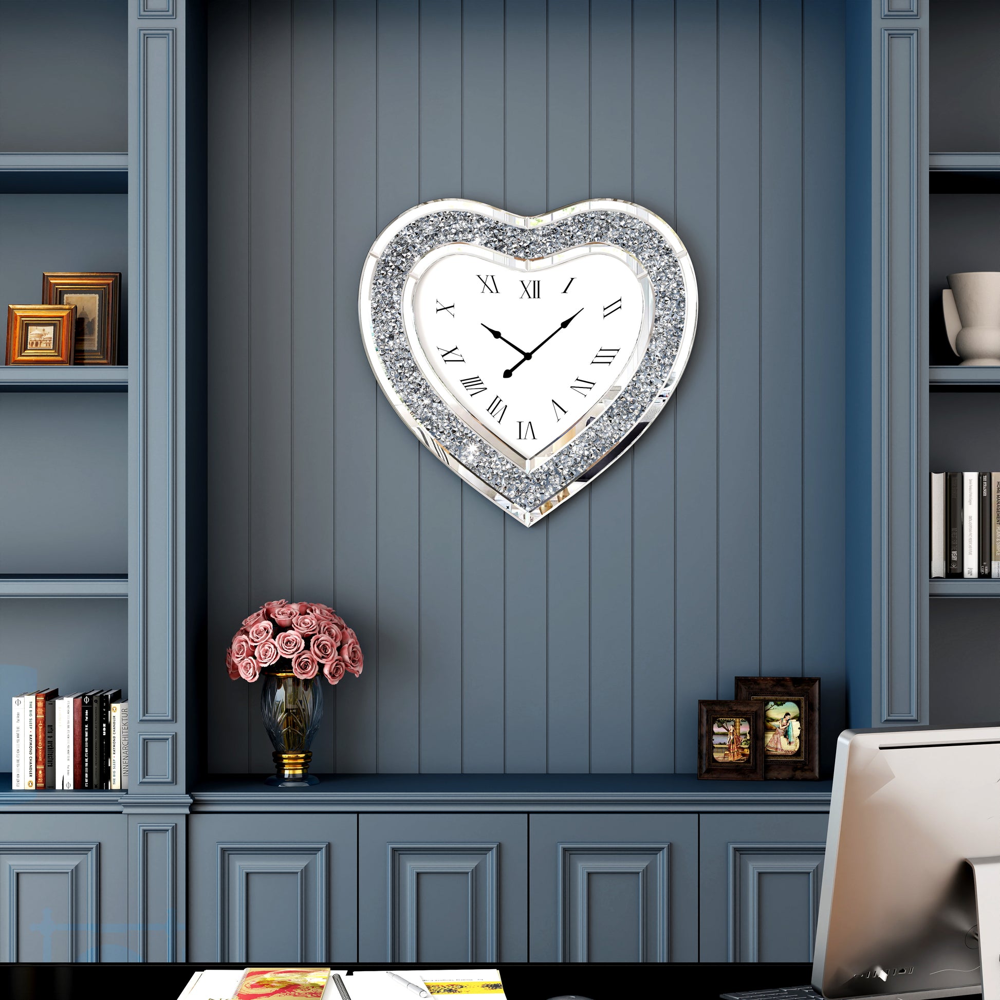 27" Silver Faux Crystal And Mirrored Glass Silent Analog Heart Wall Clock-6