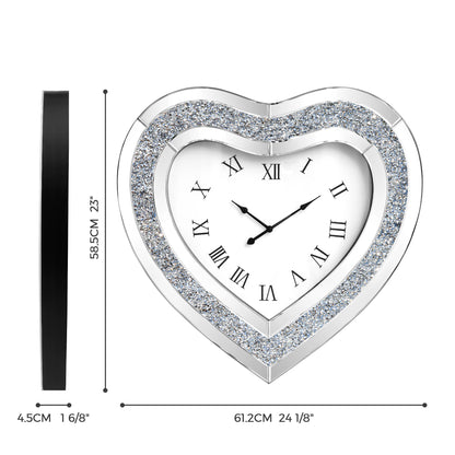 27" Silver Faux Crystal And Mirrored Glass Silent Analog Heart Wall Clock-8