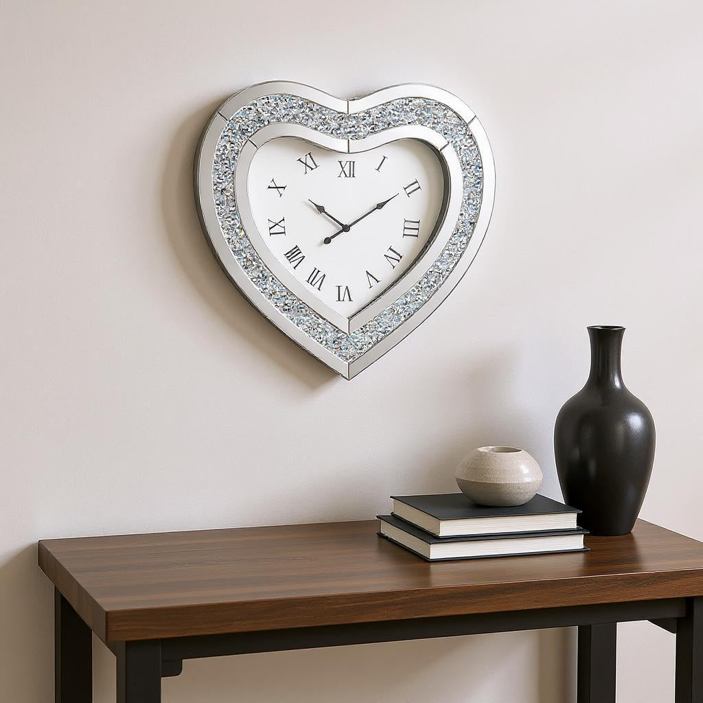27" Silver Faux Crystal And Mirrored Glass Silent Analog Heart Wall Clock-1