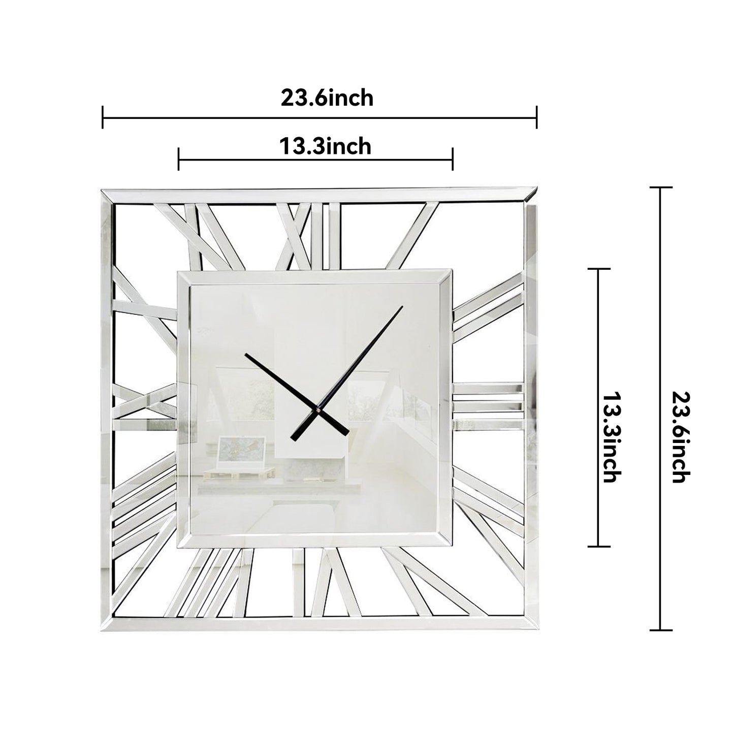 27" Silver Mirrored Glass Silent Analog Square Wall Clock-6