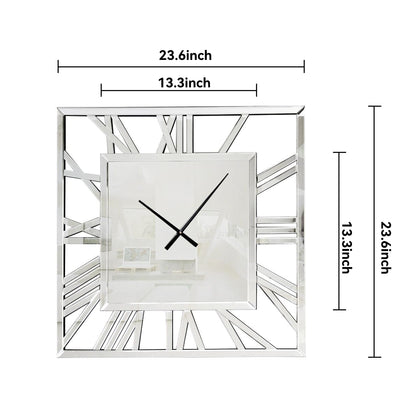 27" Silver Mirrored Glass Silent Analog Square Wall Clock-6