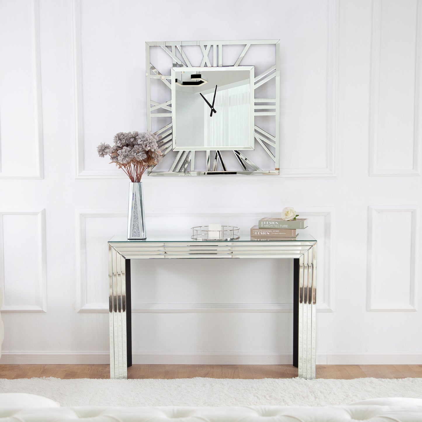 27" Silver Mirrored Glass Silent Analog Square Wall Clock-4