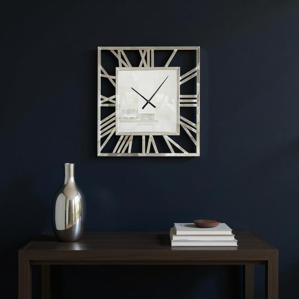 27" Silver Mirrored Glass Silent Analog Square Wall Clock-0