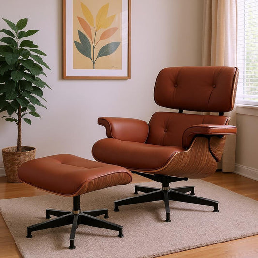 27" Brown and Light Brown Tufted Genuine Leather Swivel Lounge Chair With Ottoman-0