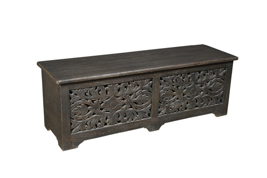 52" Black Distressed Solid Wood Carved Floral Storage Ottoman-0