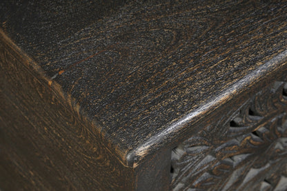 52" Black Distressed Solid Wood Carved Floral Storage Ottoman-8